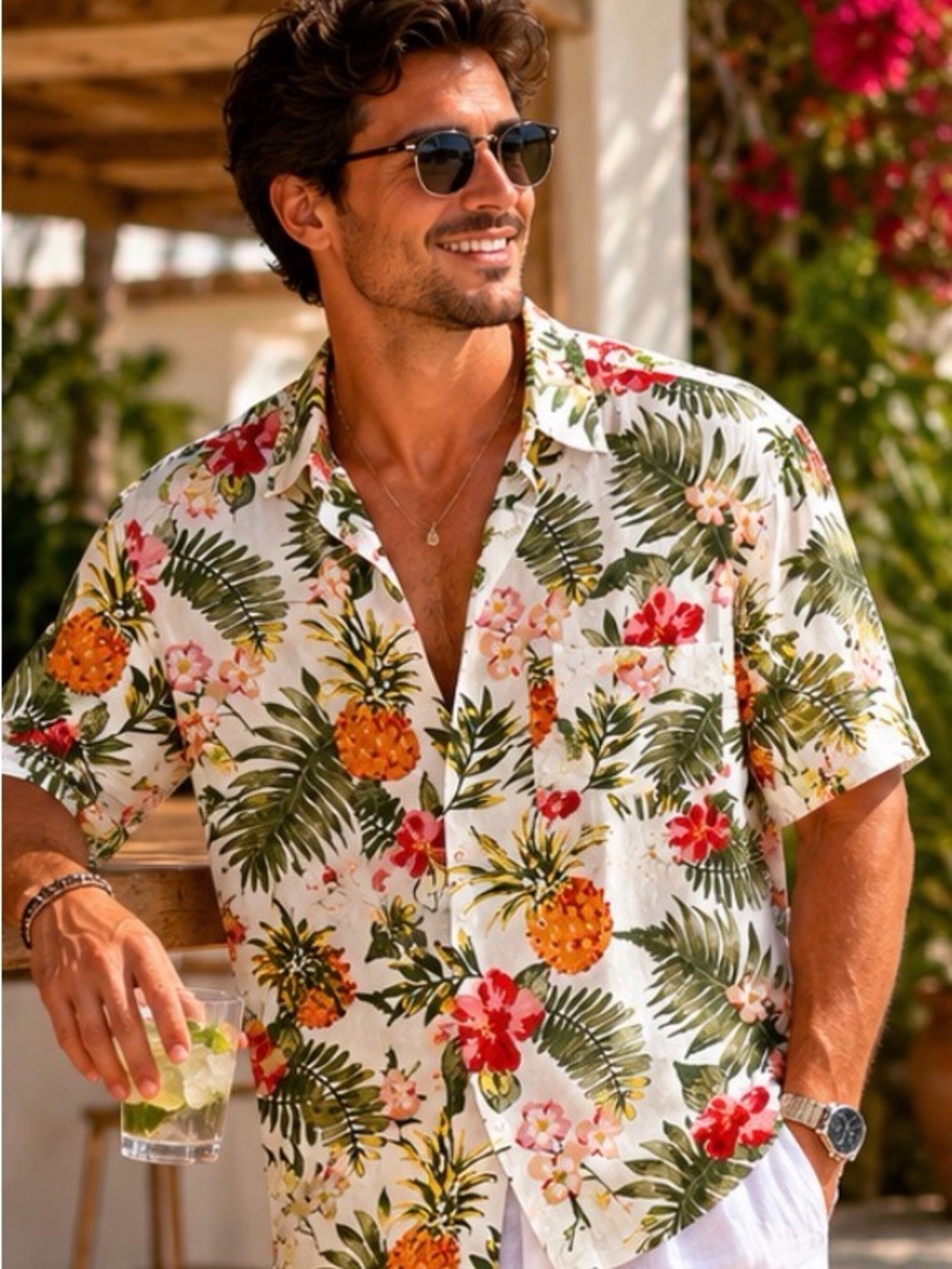 Steven Tides Tropical Hawaii Pineapple Floral Short-Sleeve Button-Down Shirt